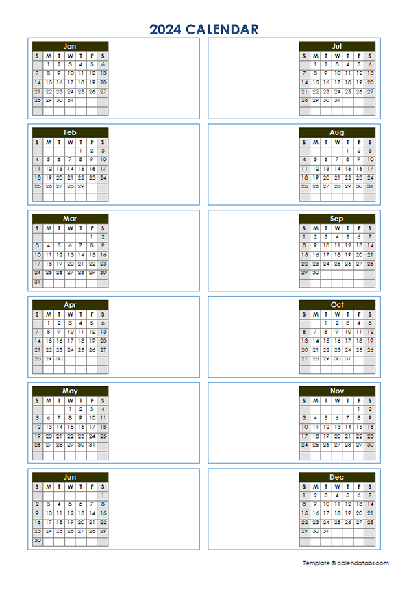 2024 Blank Yearly Calendar Template Vertical Design Free Printable  - Blank Calendar Yearly 2024 No Week Numbers