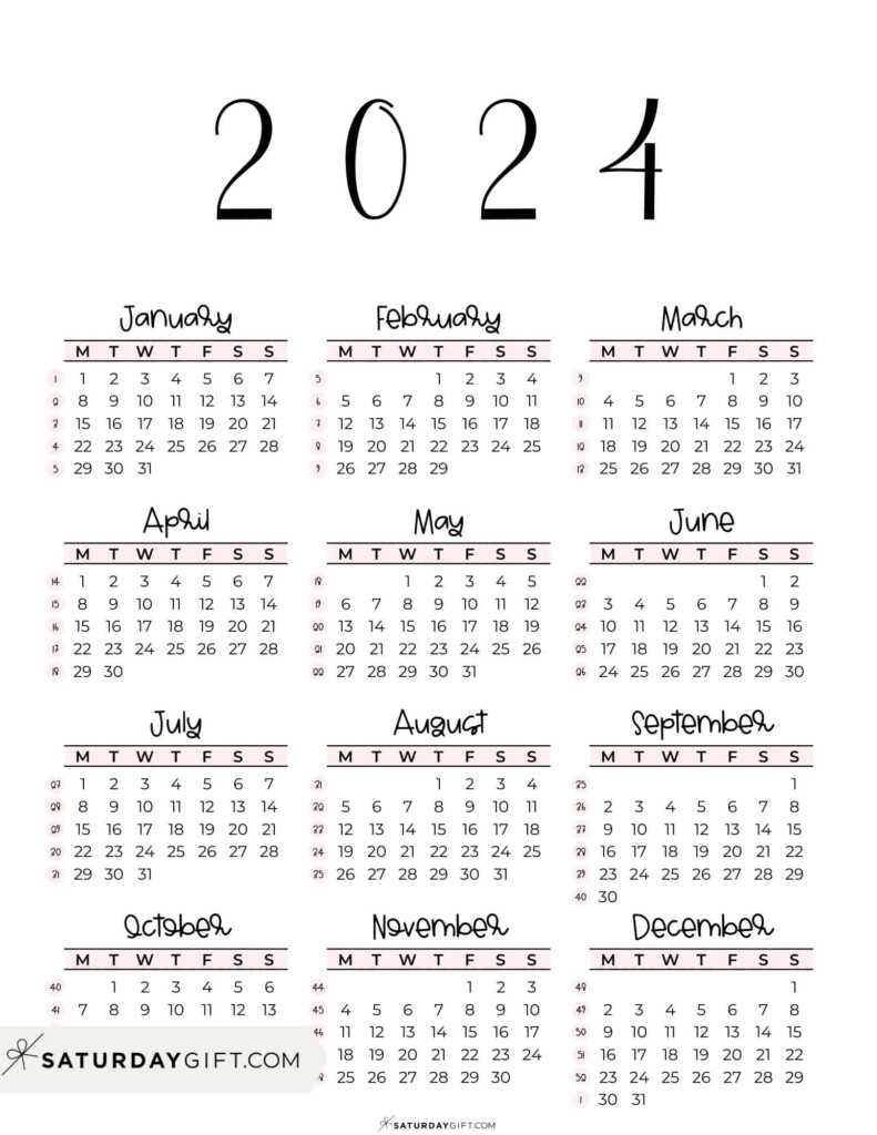 2024 Calendar Printable Cute Free 2024 Yearly Calendar Templates - European Calendar 2024 Week Numbers