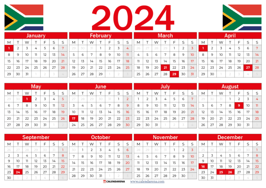 2024 Calendar South Africa With Holidays Printable - Calendar 2024 With Week Numbers South Africa