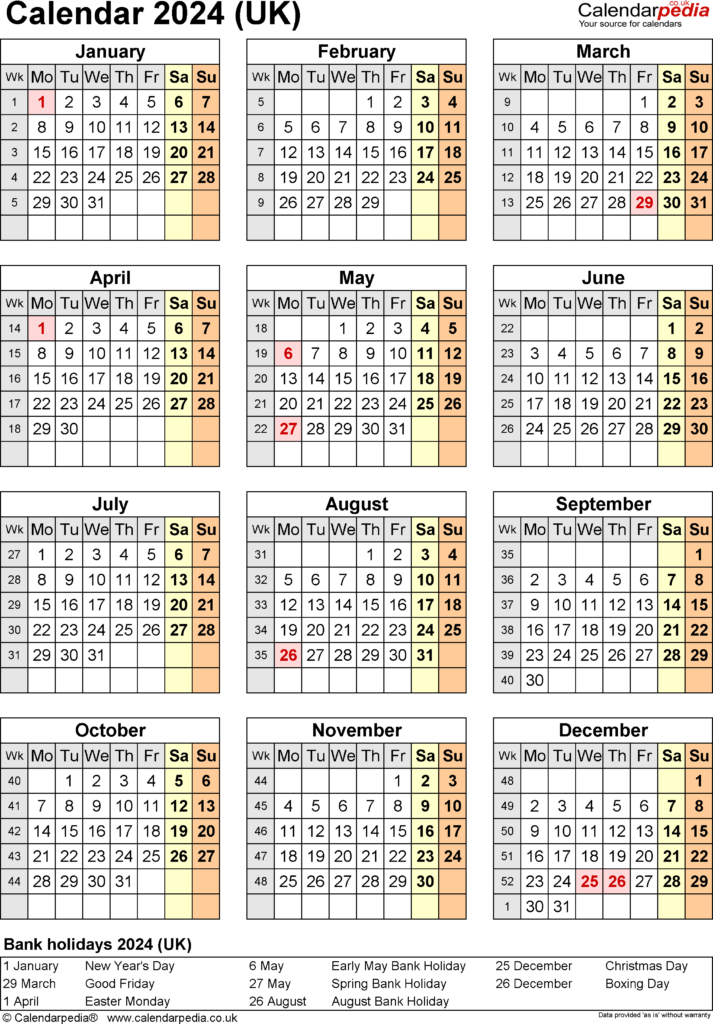 2024 Calendar Uk With Bank Holidays Excel Shari Demetria - Excel 2024 Calendar Uk With Week Numbers