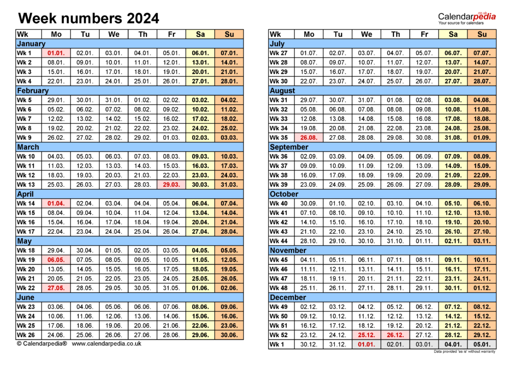 2024 Calendar With Week Numbers Excel 2024 Calendar Printable - 2024 Week Calendar With Week Numbers Excel