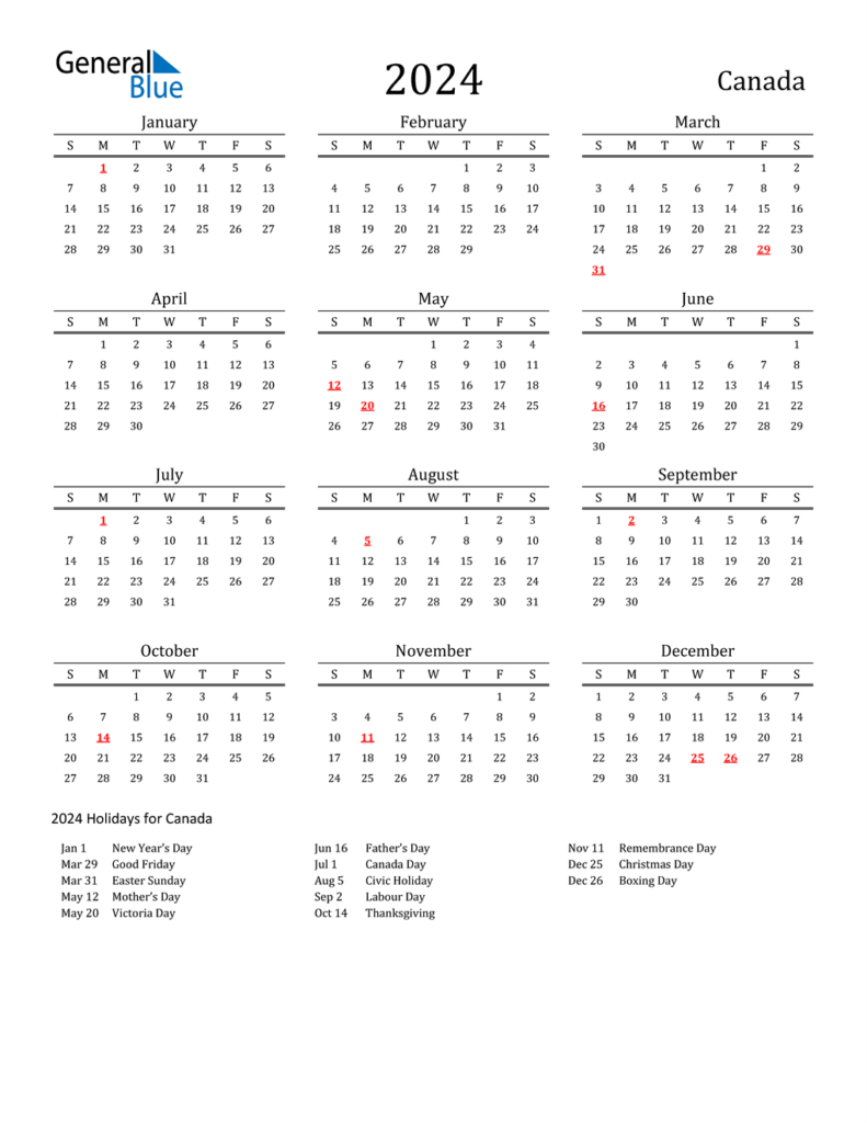 2024 Canada Calendar With Holidays - Canada 2024 Calendar With Week Numbers