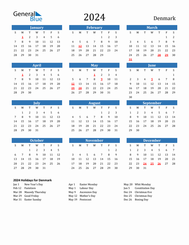 2024 Denmark Calendar With Holidays - Danish Calendar 2024 With Week Numbers