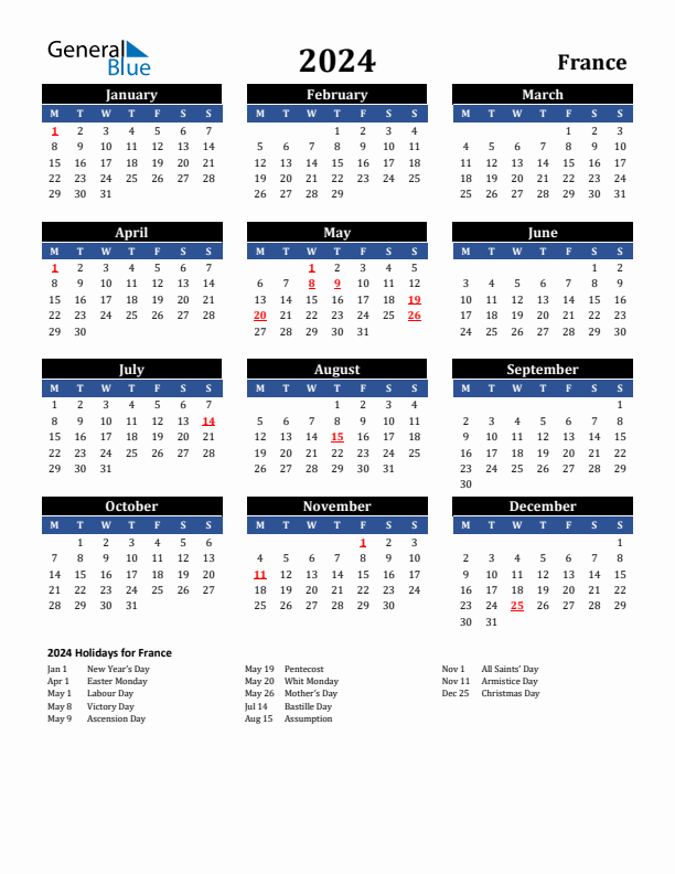 2024 France Calendar With Holidays - French Calendar 2024 With Week Numbers