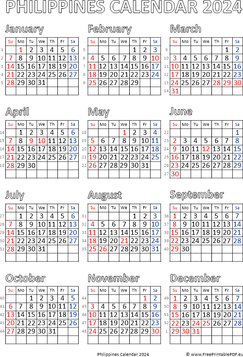 2024 Free Calendar Printable Pdf With Holidays Philippines Language  - 2024 Calendar With Week Numbers Printable Philippines