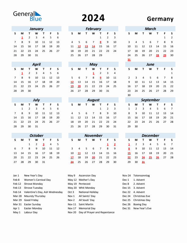 2024 Germany Calendar With Holidays - Calendar 2024 Germany Week Numbers