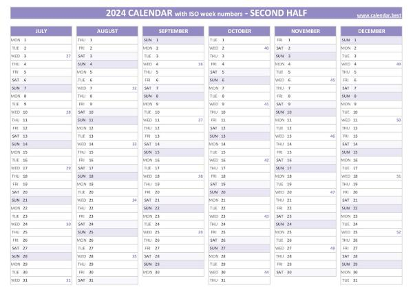 2024 Half Year Calendar To Print - Iso Calendar Week Numbers 2024