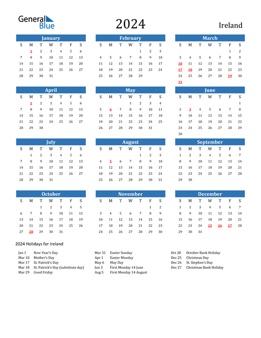 2024 Ireland Calendar With Holidays - Calendar 2024 Ireland With Week Numbers