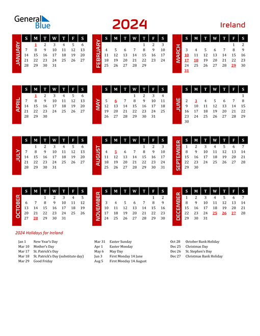 2024 Ireland Calendar With Holidays - Calendar With Week Numbers 2024 Ireland