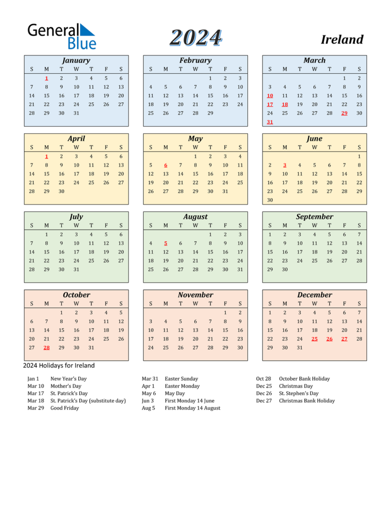 2024 Ireland Calendar With Holidays - Calendar 2024 Week Numbers Ireland