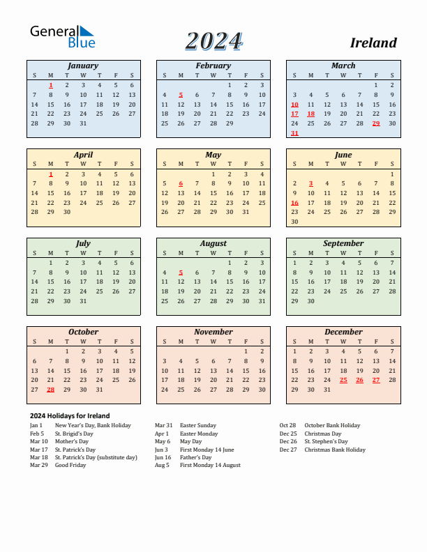 2024 Ireland Calendar With Holidays - Calendar 2024 Ireland With Week Numbers