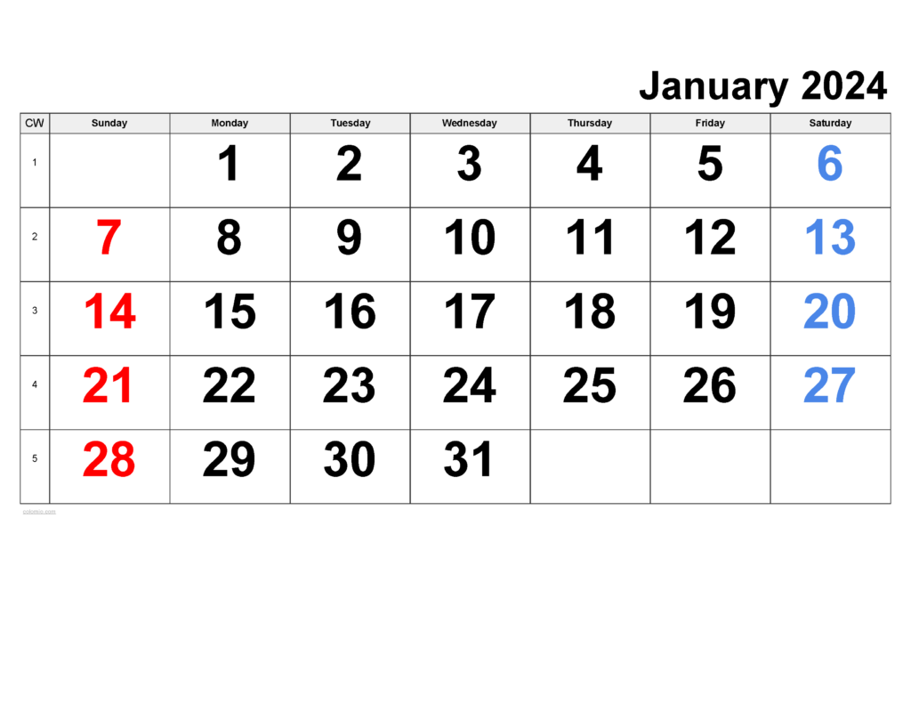 2024 January Calendar Big Numbers Printable Free Pdf Calendar 2024  - 2024 January Fiscal Calendar With Week Numbers