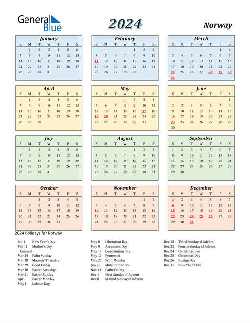 2024 Norway Calendar With Holidays - Norwegian Calendar 2024 Week Numbers