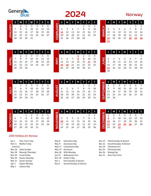 2024 Norway Calendar With Holidays - Norwegian Calendar 2024 Week Numbers