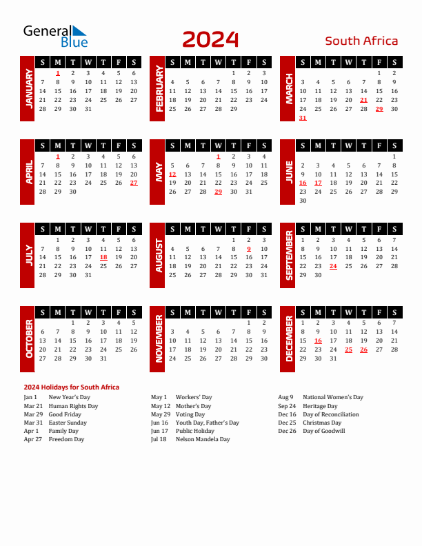 2024 South Africa Calendar With Holidays - 2024 Calendar South Africa With Week Numbers