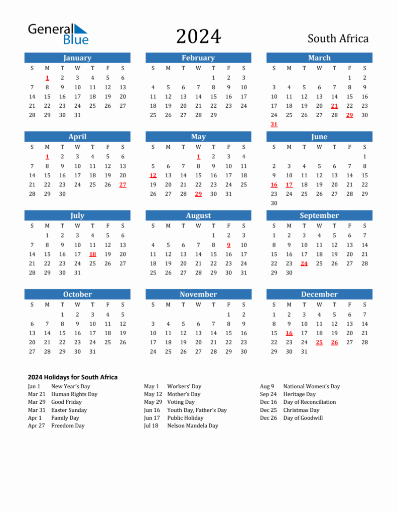 2024 South Africa Calendar With Holidays - 2024 Calendar With Week Numbers Printable South Africa