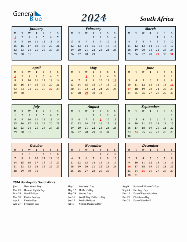 2024 South Africa Calendar With Monday Start - 2024 Calendar South Africa With Week Numbers