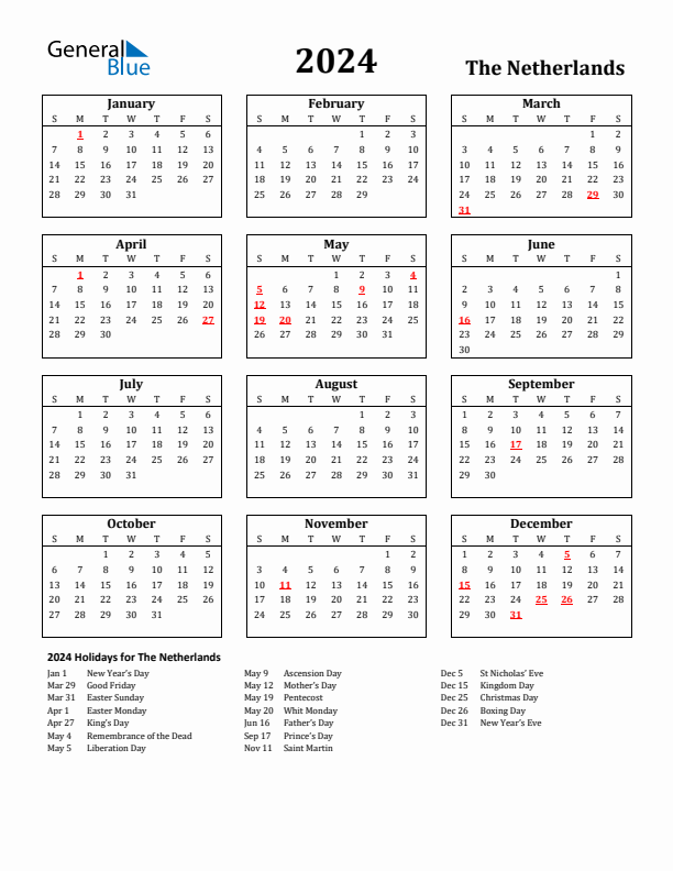 2024 The Netherlands Calendar With Holidays - Calendar 2024 Netherlands With Week Numbers