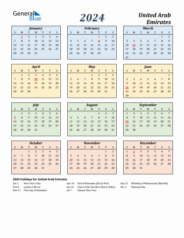 2024 United Arab Emirates Calendar With Holidays - Uae Calendar 2024 With Week Numbers