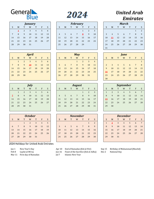 2024 United Arab Emirates Calendar With Holidays - 2024 Calendar Uae With Week Numbers