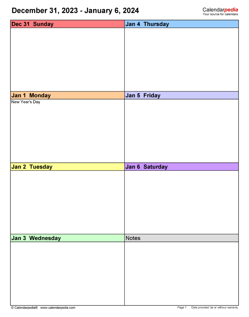 2024 Weekly Calendar List Template Full Free Printable 2024 Calendar  - Free Printable Weekly Calendar 2024 With Week Numbers