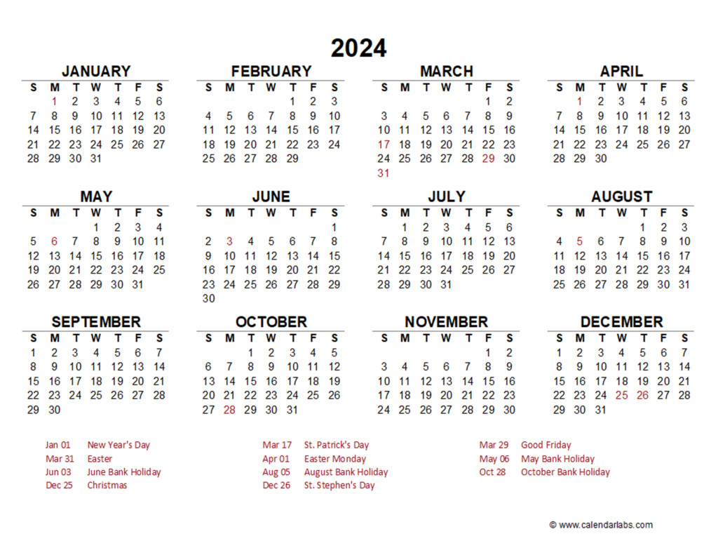 2024 Year At A Glance Calendar With Ireland Holidays Free Printable  - 2024 Calendar Ireland With Week Numbers