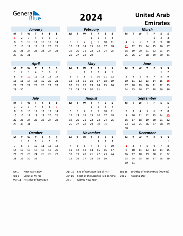 2024 Yearly Calendar For United Arab Emirates With Holidays - 2024 Calendar Uae With Week Numbers