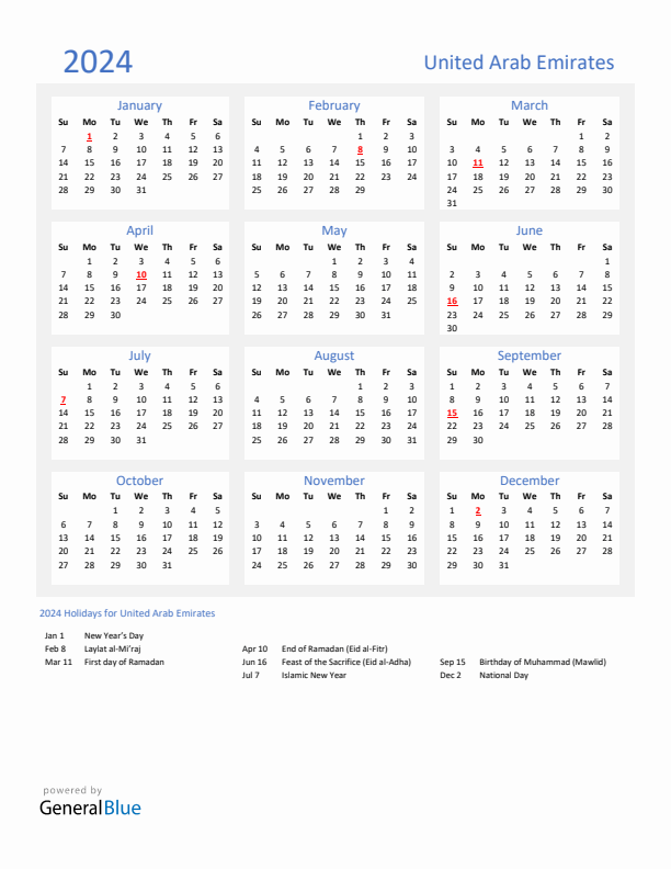 Basic Yearly Calendar With Holidays In United Arab Emirates For 2024 - 2024 Calendar With Week Numbers Uae