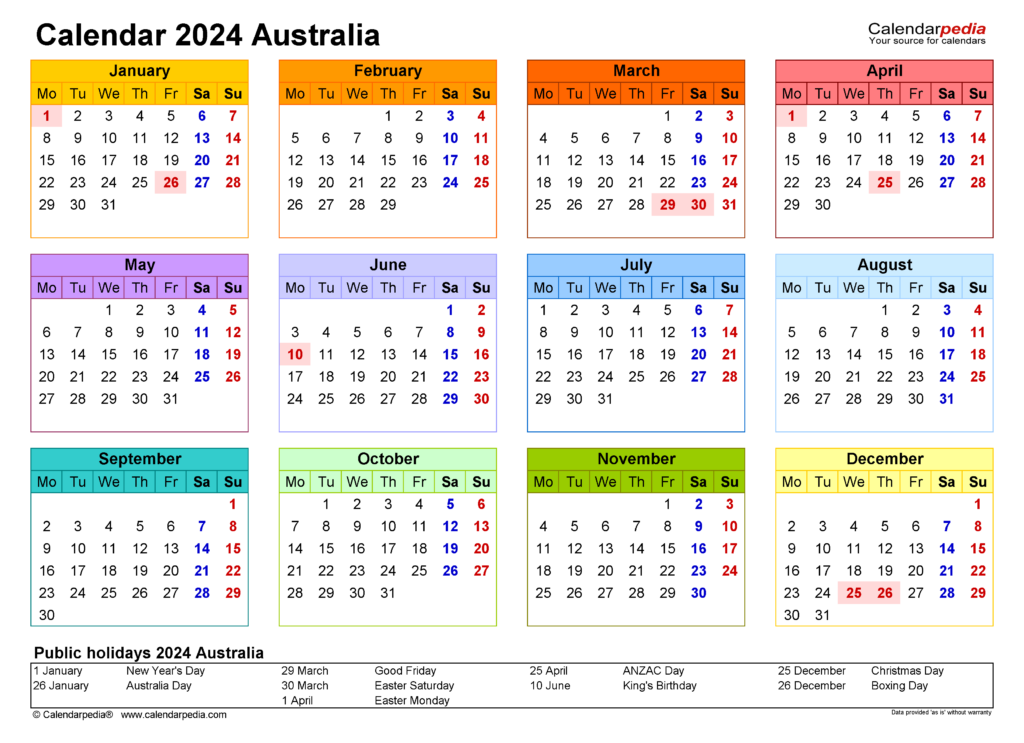 Calendar 2024 Calendar Australia Printable 2024 Calendar With Holidays - 2024 Calendar Australia Week Numbers