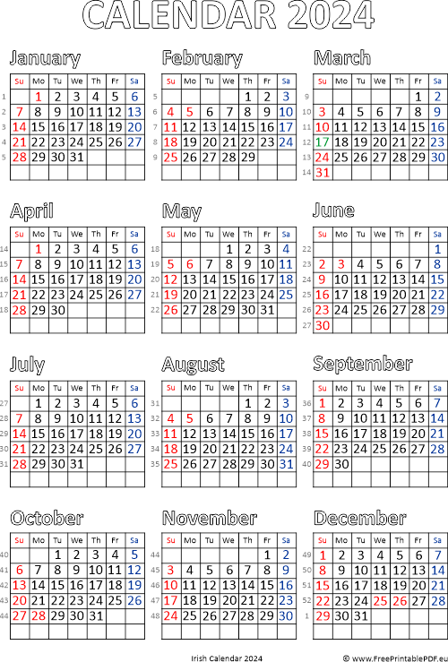 Calendar 2024 Ireland Printable Pdf Free Printable PDF - Calendar 2024 Week Numbers Ireland