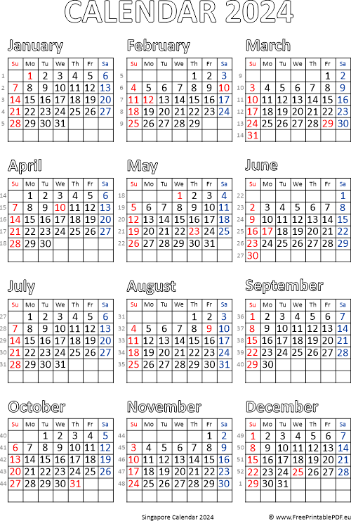 Calendar 2024 Singapore Gratis Utskrivbara PDF - 2024 Calendar Singapore With Week Numbers