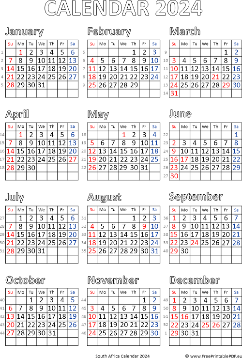 Calendar 2024 South Africa Free Printable PDF - 2024 Calendar South Africa With Week Numbers