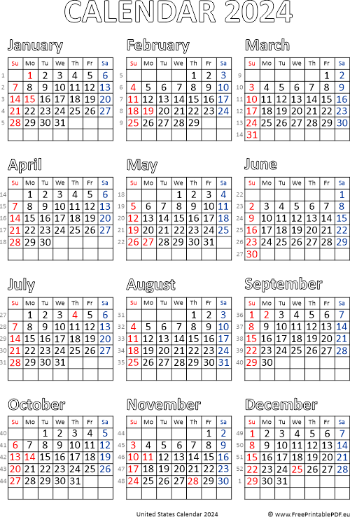 Calendar 2024 United States Free Printable PDF - Calendar Usa 2024 With Week Numbers