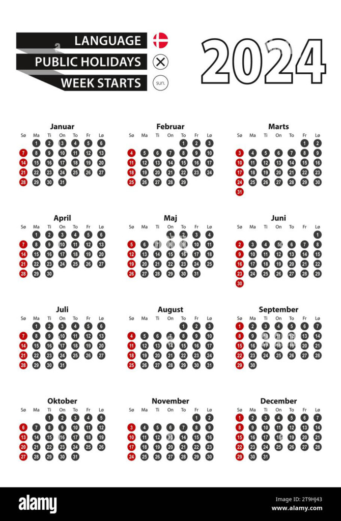 Danish Calendar 2024 With Numbers In Circles Week Starts On Sunday  - Danish Calendar 2024 With Week Numbers