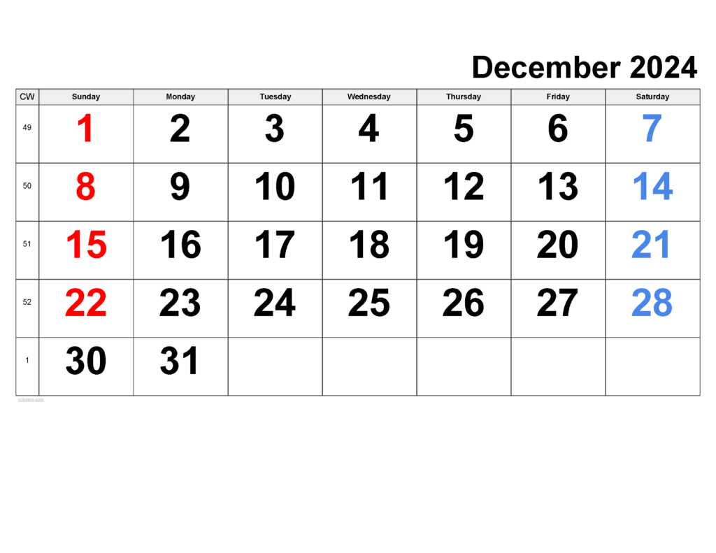 December 2024 Calendar Free Printable PDF XLS And PNG - December 2024 Calendar With Week Numbers