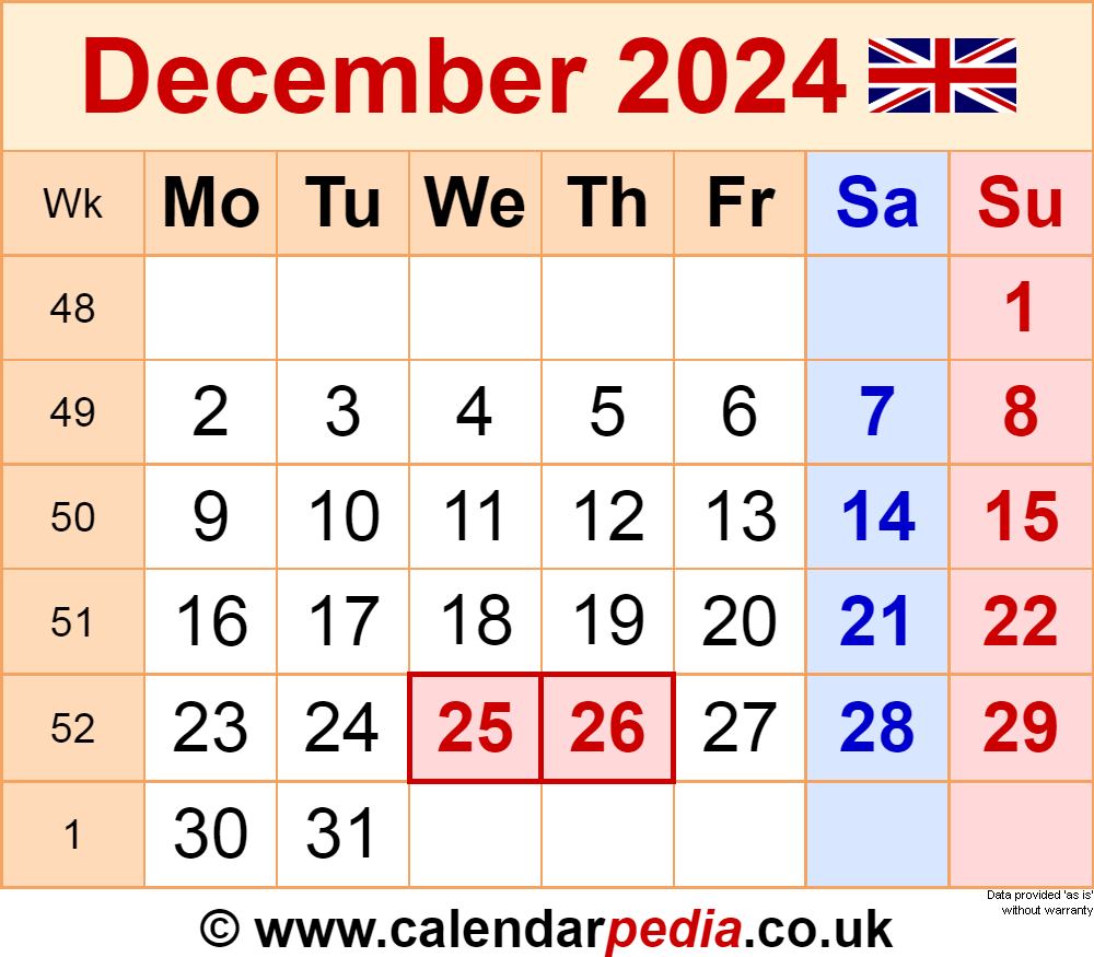 December 2024 Calendar With Holidays Uk Shae Yasmin - 2024 December Calendar With Week Numbers Printable