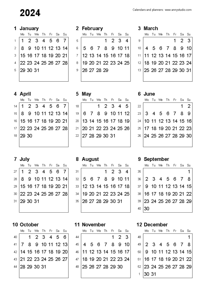 Free Printable Calendars And Planners 2024 2025 And 2026 - 2024 Yearly Calendar With Weeks Numbered Download