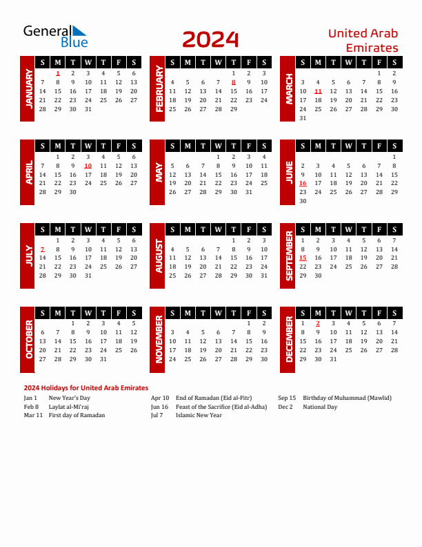 Holiday Calendar 2024 For United Arab Emirates Sunday Start  - 2024 Calendar With Week Numbers Uae