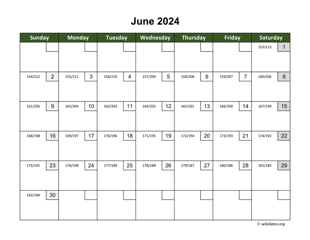 June 2024 Calendar With Day Numbers WikiDates - June 2024 Calendar With Week Numbers