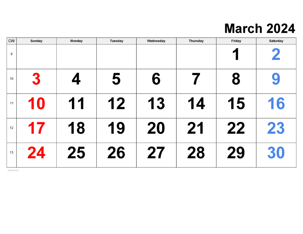 March 2024 Calendar Free Printable PDF XLS And PNG - March 2024 Calendar With Week Numbers