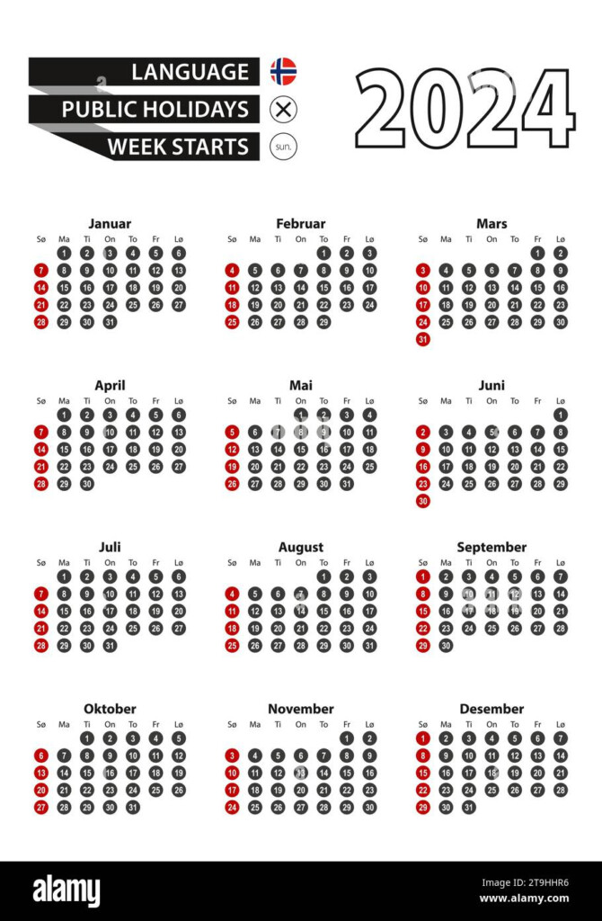 Norwegian Calendar 2024 With Numbers In Circles Week Starts On Sunday  - Norwegian Calendar 2024 Week Numbers