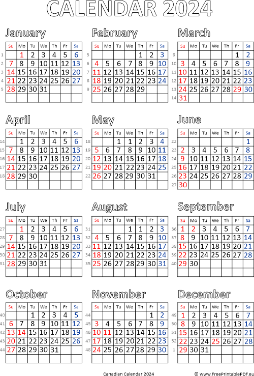 Printable Calendar 2024 For Canada Free Printable PDF - Calendar 2024 Canada Week Numbers