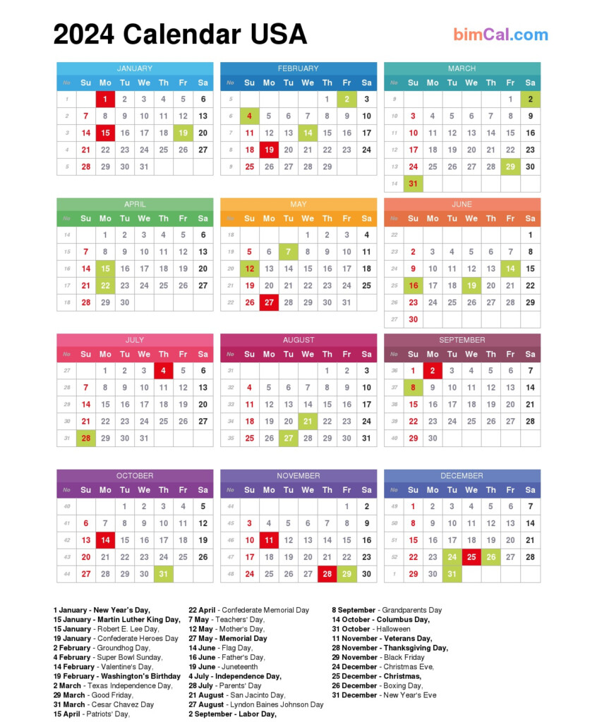 Printable Calendar 2024 With Us Holidays - Year Calendar 2024 With Holidays And Week Numbers