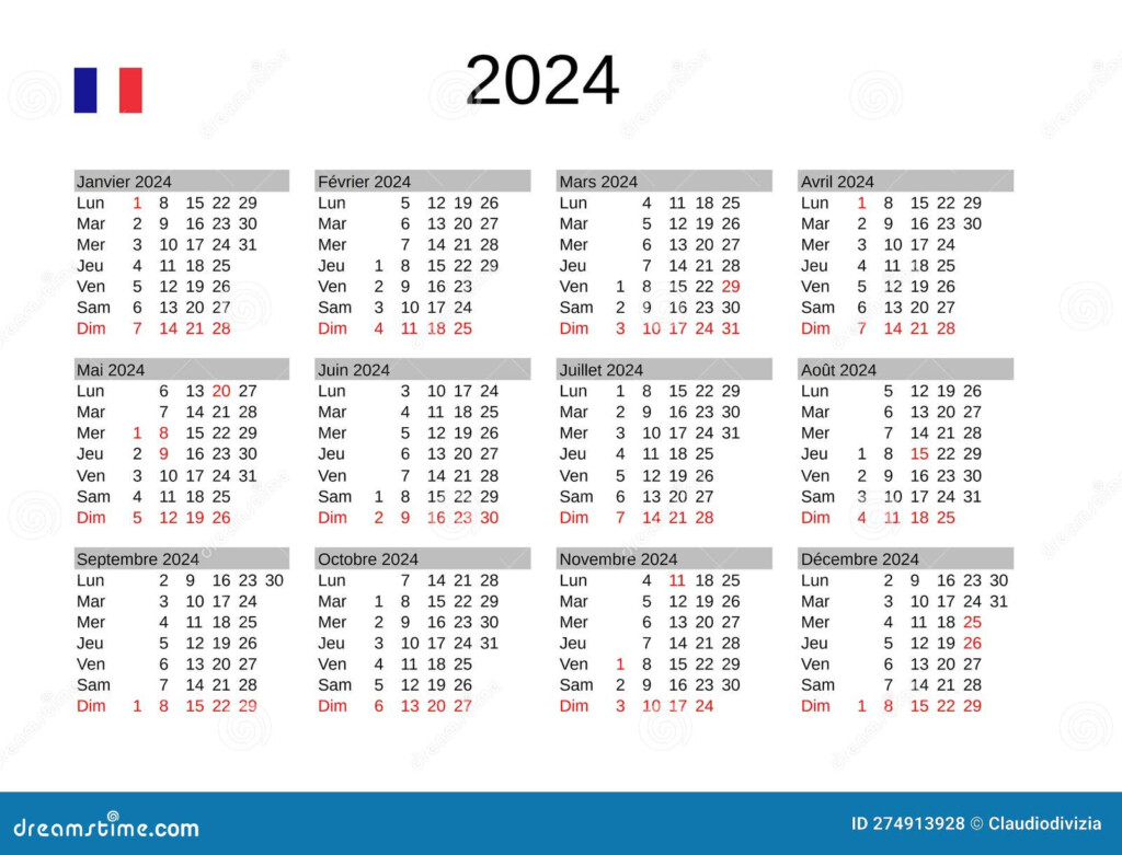 Year 2024 Calendar In French With France Holidays Stock Illustration  - French Calendar 2024 With Week Numbers