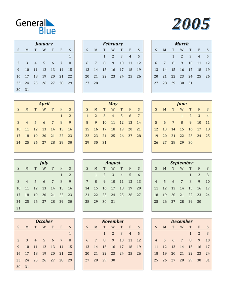 2005 Calendar PDF Word Excel  - Year 2005 Calendar With Week Numbers