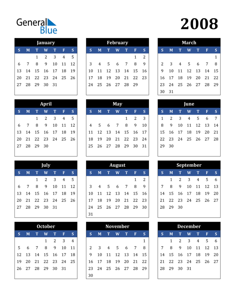 2008 Calendar PDF Word Excel  - 2008 Calendar With Week Numbers