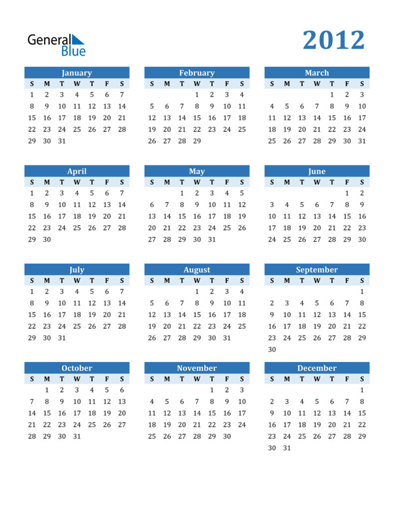 2012 Calendar PDF Word Excel  - 2012 Yearly Calendar With Week Numbers