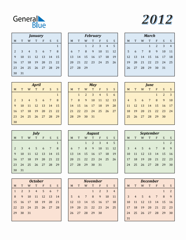 2012 Yearly Calendar Templates With Monday Start - 2012 Yearly Calendar With Week Numbers