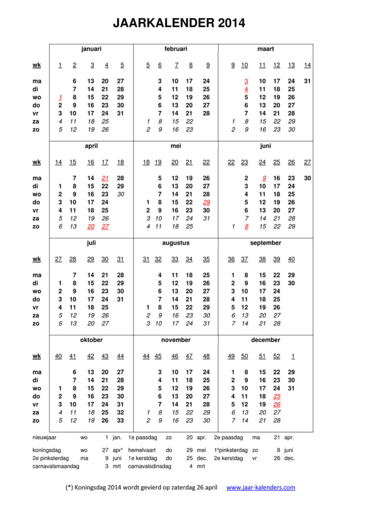 2014 Kalender Jaarkalender Met Weeknummers En Maanden Feestdagen  - Calendar 2014 Per Week Numbers