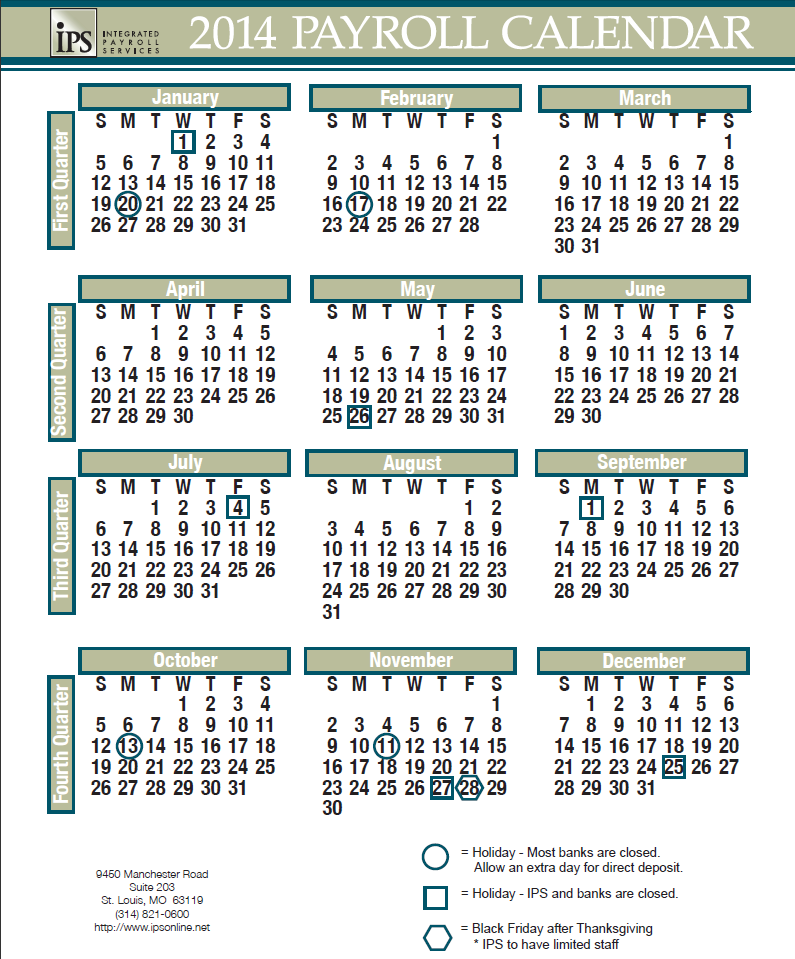 2014 Payroll Calendar iPS Payroll Calendar Payroll Calendar - 2014 Payroll Calendar With Week Numbers